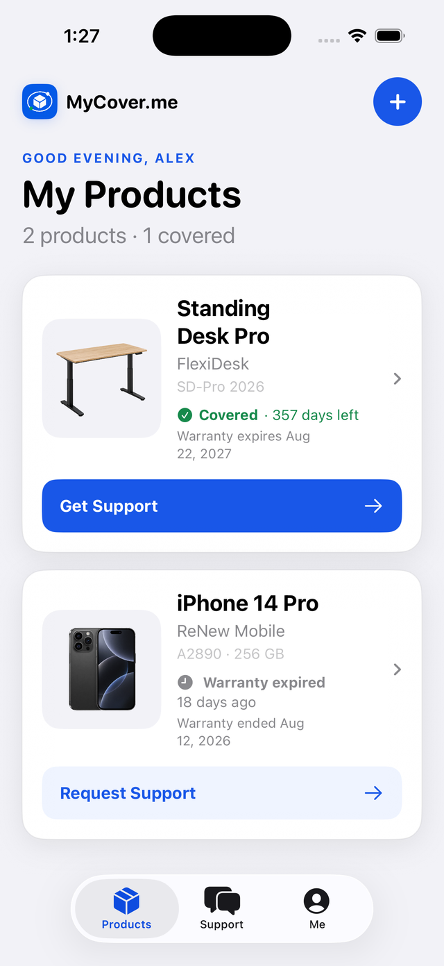 MyCover.me buyer app showing a covered standing desk and an expired phone warranty
